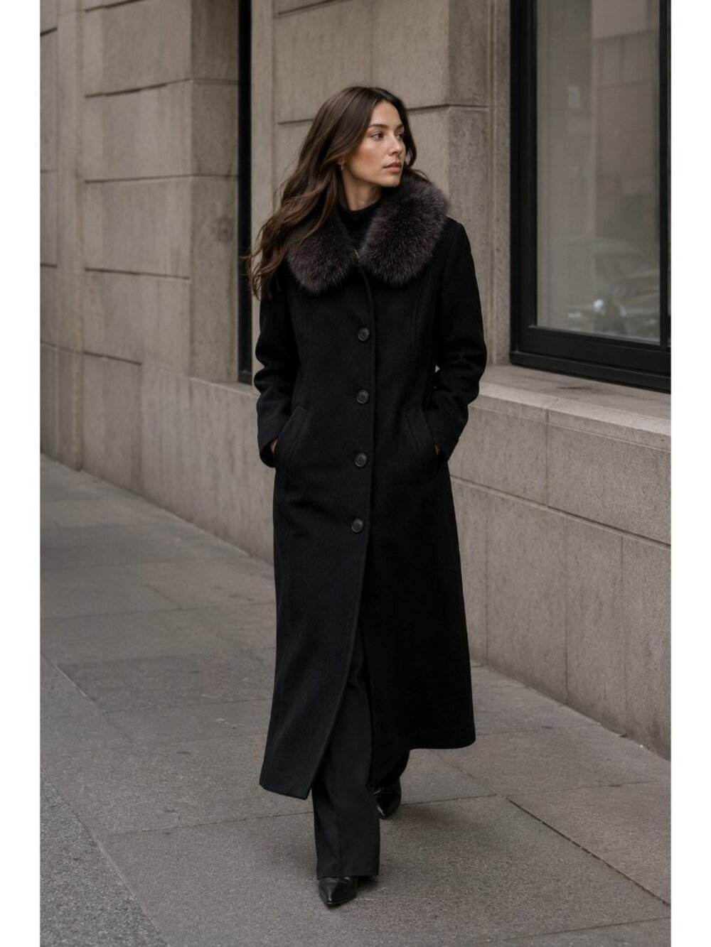 Ellen Tracy Black Long Wool Blend Coat Removable Genuine Fur Collar Women's 12